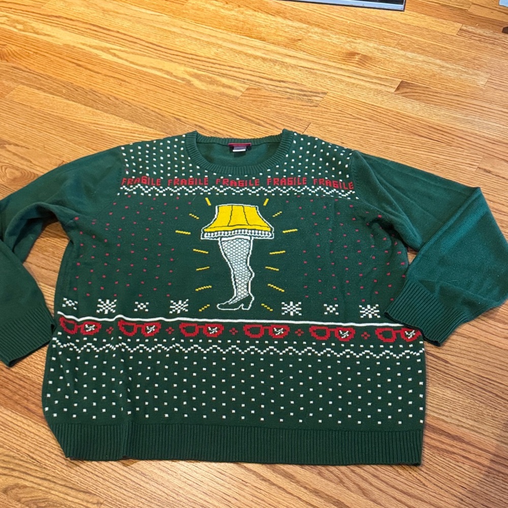 Festive Green Crewneck Sweater with Leg Lamp Design